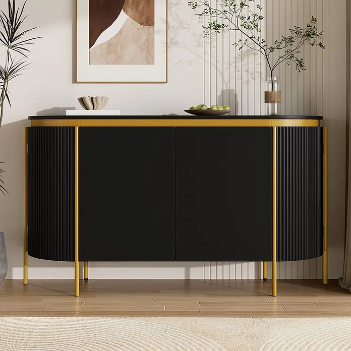SONNENH Kommode - Schwarz/Gold, Anzahl Schubladen: 0 Stk. - Moderner schwarz-goldener Sideboard mit geriffelten Details und elegantem Metallrahmen, bietet stilvollen Stauraum.