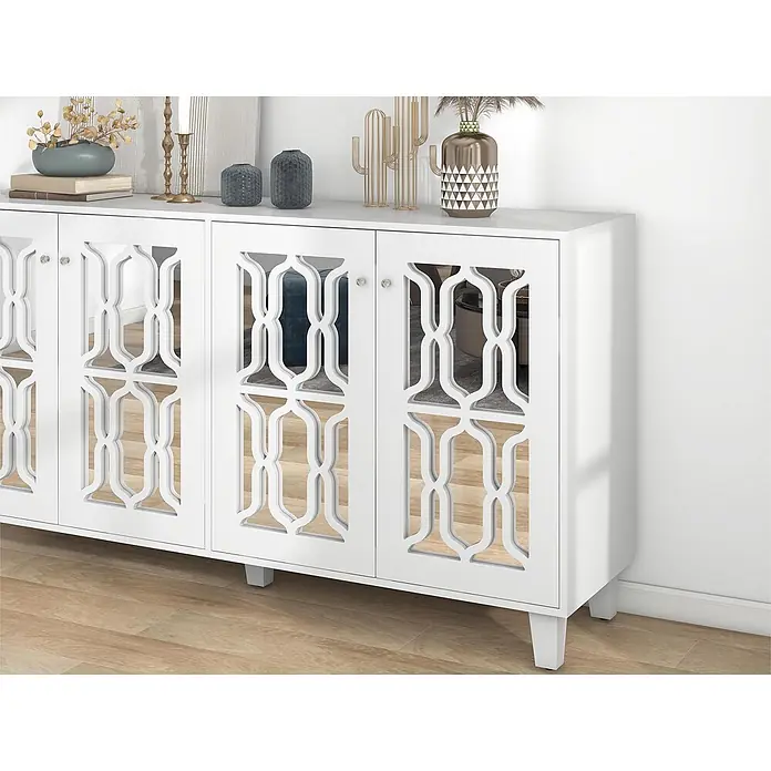 SONNENH Kommode mit 4 Spiegeltüren, Weiß -  - Weißes Holz-Sideboard mit vier Spiegeltüren und geometrischem Muster, ideal für Wohn- oder Esszimmer.