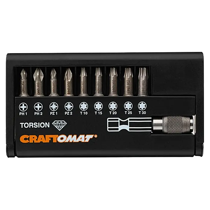 Craftomat Bit-Set Diamant - Diamantbeschichtet - Ein schwarzes Craftomat Torsion Bit-Set mit verschiedenen Schraubendreher-Bits und einem Bithalter für präzise Schraubarbeiten.