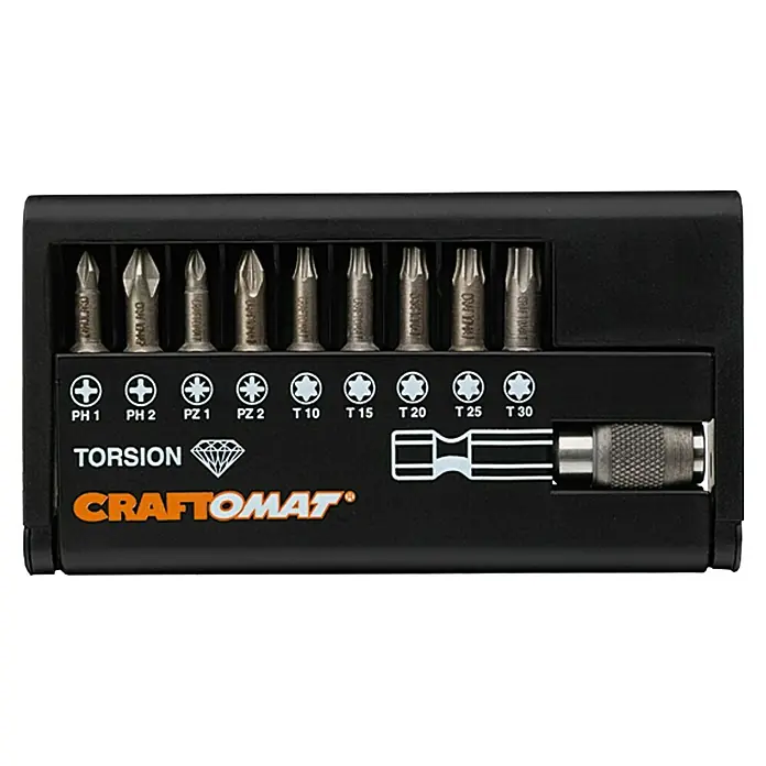 Craftomat Bit-Set Diamant - Diamantbeschichtet - Ein schwarzes Craftomat Torsion Bit-Set mit verschiedenen Schraubendreher-Bits und einem Bithalter für präzise Schraubarbeiten.