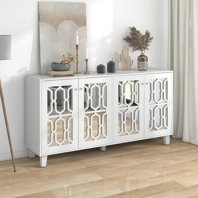 SONNENH Kommode mit 4 Spiegeltüren, Weiß -  - Weißes Sideboard mit vier verspiegelten Türen und dekorativem geometrischem Überzug, zur Aufbewahrung und Dekoration in einem modernen Wohnraum.