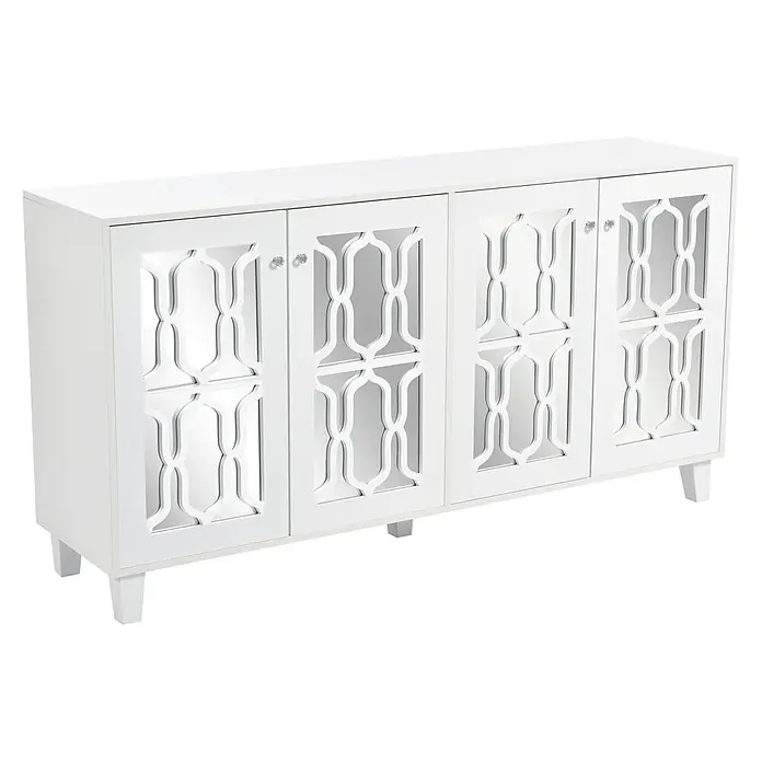SONNENH Kommode mit 4 Spiegeltüren, Weiß -  - Weißes Konsolen-Sideboard mit vier Spiegeltüren, geometrischem Muster und Kristallknäufen, auf konischen Beinen.