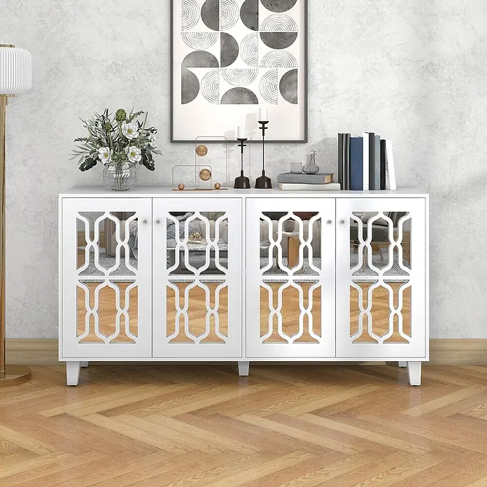 SONNENH Kommode mit 4 Spiegeltüren, Weiß -  - Weißes Holzsideboard mit vier verspiegelten Türen und geometrischem Muster, als Aufbewahrungs- und Präsentationsmöbel in einem modernen Wohnraum.