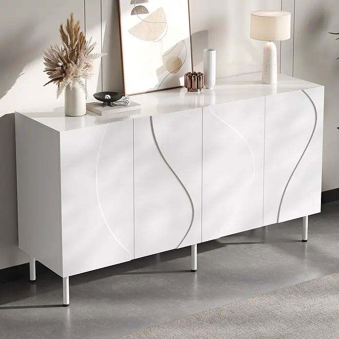 SONNENH Kommode mit geschwungener 3D-Front, Weiß -  - Weißes Sideboard mit 4 Türen, Wellenmuster und hellen Beinen.