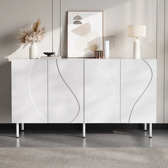 SONNENH Kommode mit geschwungener 3D-Front, Weiß -  - Weißes Sideboard mit geschwungenen, wellenförmigen Türen auf weißen Beinen.