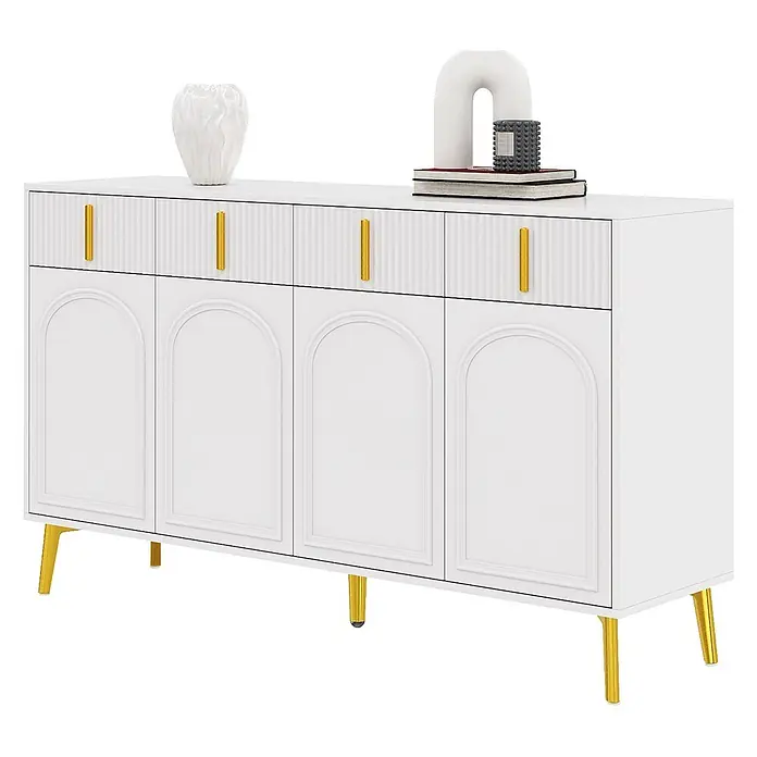 SONNENH Kommode - Weiß/Gold, Anzahl Schubladen: 4 Stk. - Weißes Sideboard mit vier geriffelten Schubladen und vier Bogentüren, goldene Griffe und Beine.
