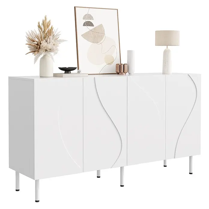 SONNENH Kommode mit geschwungener 3D-Front, Weiß -  - Weißes modernes Sideboard mit gewellten Türen und Dekorationselementen.