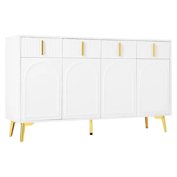 SONNENH Kommode - Weiß/Gold, Anzahl Schubladen: 4 Stk. - Weißes Sideboard mit gerippten Schubladen, Bogentüren, goldenen Griffen und Beinen.
