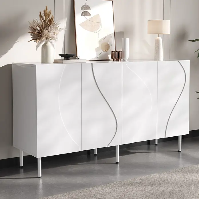 SONNENH Kommode mit geschwungener 3D-Front, Weiß -  - Weißes Sideboard mit geschwungenen Rillen auf vier Türen, gestützt von weißen zylindrischen Beinen.