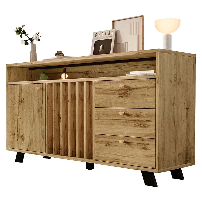 SONNENH Kommode - Dunkle Eichenoptik, Anzahl Schubladen: 3 Stk. - Hellbraunes Sideboard aus Holz mit Schranktür, Lamellenverkleidung, drei Schubladen und schwarzen Beinen.