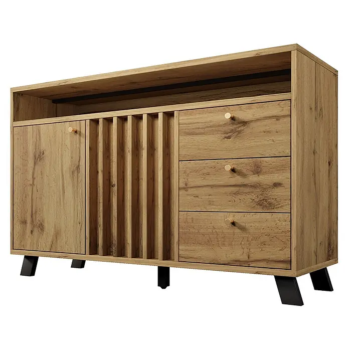 SONNENH Kommode - Dunkle Eichenoptik, Anzahl Schubladen: 3 Stk. - Sideboard aus Eichenholz mit schwarzen Beinen, offenem Fach, einer Tür, vertikalen Lamellen und drei Schubladen mit goldenen Knöpfen.