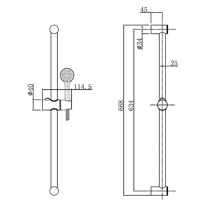 Beitz & Walz UP-Brausearmatur Beitz & Walz - Chrom - Technische Zeichnung einer Brausestange mit verstellbarem Duschkopfhalter und Maßen.
