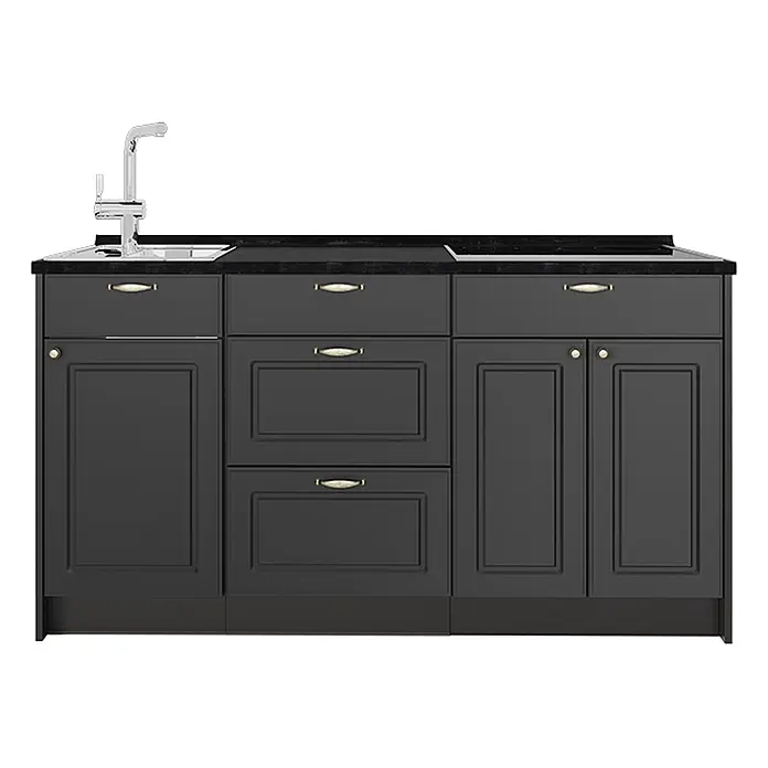 Vicco Küchenleerblock - Breite: 150 cm, Anthrazit-Gold Landhaus - Dunkelgraue Küchenzeile mit schwarzer Arbeitsplatte, integrierter Spüle, Chromarmatur, Schubladen und Schranktüren.