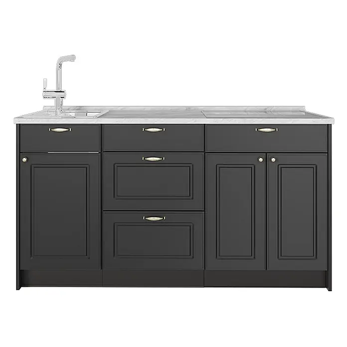 Vicco Küchenleerblock - Breite: 150 cm, Anthrazit-Gold Landhaus - Dunkelgraue Küchenzeile mit weißer Marmor-Arbeitsplatte, integrierter Spüle, Chromarmatur und Kochfeld.