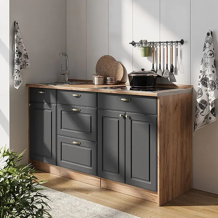Vicco Küchenleerblock - Breite: 150 cm, Anthrazit-Gold Landhaus - Kompakte dunkelgraue Küchenzeile mit Holzplatte, Spüle und Induktionskochfeld.