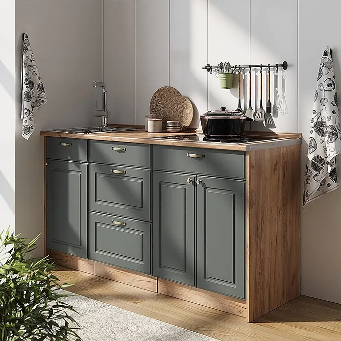 Vicco Küchenleerblock - Breite: 150 cm, Grün-Gold Landhaus - Dunkelgraue Küchenzeile mit Holzplatte, Spüle und Kochfeld.