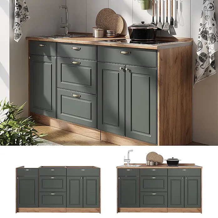 Vicco Küchenleerblock - Breite: 150 cm, Grün-Gold Landhaus - Dunkelgraue Küchenunterschrank-Kombination mit Holzplatte, Spüle und Kochfeld, in Küche gezeigt.