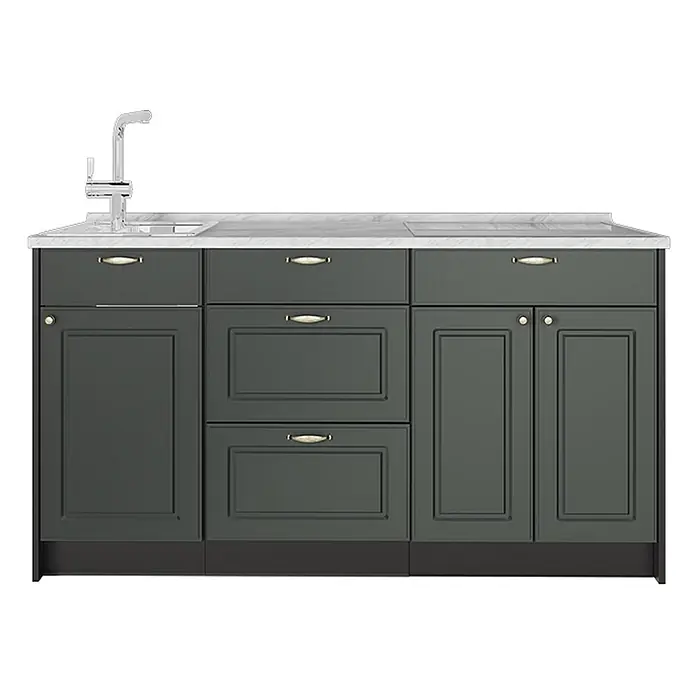 Vicco Küchenleerblock - Breite: 150 cm, Grün-Gold Landhaus - Dunkelgraue Küchenzeile mit Marmor-Arbeitsplatte, integrierter Spüle mit Wasserhahn und Kochfeld.