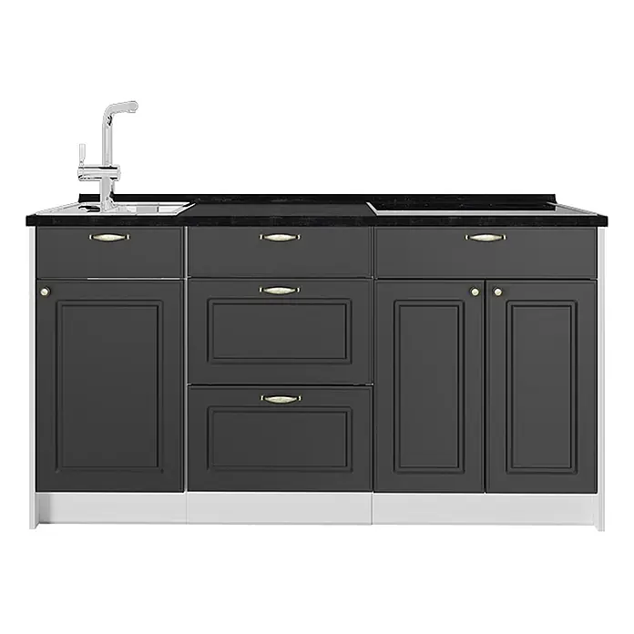 Vicco Küchenleerblock - Breite: 150 cm, Anthrazit-Gold Landhaus - Dunkelgraue Küchenzeile mit schwarzer Arbeitsplatte, Chromarmatur, Spüle, Kochfeld und Messinggriffen.