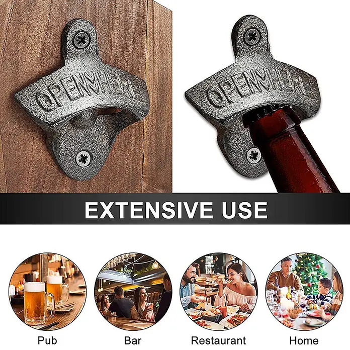 SONNENH Flaschenöffner - Holz - Dunkler, texturierter Wandflaschenöffner aus Metall mit 'OPEN HERE'-Schriftzug, beim Öffnen einer Flasche gezeigt. Ideal für Kneipen, Restaurants und Zuhause.