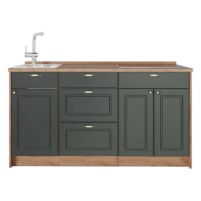Vicco Küchenleerblock - Breite: 150 cm, Grün-Gold Landhaus - Dunkelgraue Miniküche mit Holz-Arbeitsplatte, Spüle, Kochfeld, Schubladen und Schranktüren.