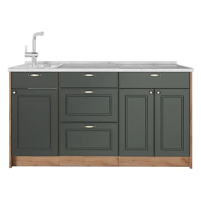Vicco Küchenleerblock - Breite: 150 cm, Grün-Gold Landhaus - Dunkelgraue Küchenunterschrankzeile mit Holzsockel, weißer Arbeitsplatte, Spüle, Wasserhahn und Kochfeld.