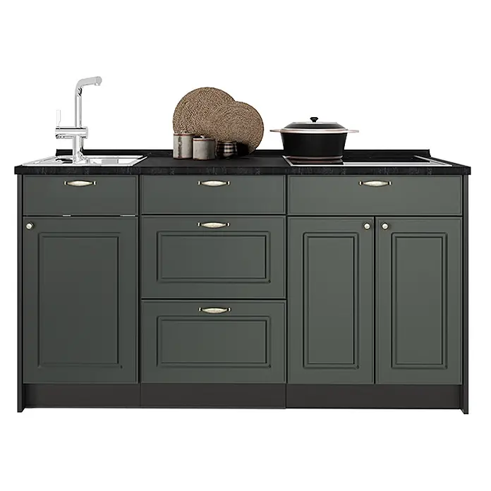 Vicco Küchenleerblock - Breite: 150 cm, Grün-Gold Landhaus - Dunkelgraue Kompaktküche mit schwarzer Arbeitsplatte, Spüle, Wasserhahn, Kochfeld und Schubladen/Türen mit Metallgriffen.