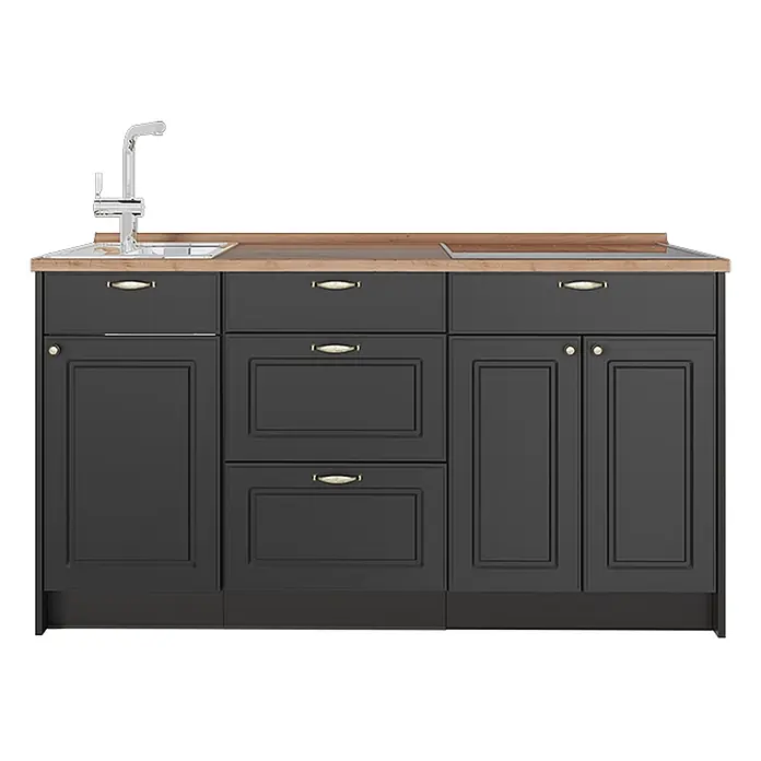 Vicco Küchenleerblock - Breite: 150 cm, Anthrazit-Gold Landhaus - Dunkelgraue Miniküche mit Holzplatte, integrierter Spüle, Armatur und Induktionskochfeld, mit Schubladen und Schränken mit messingfarbenen Griffen.