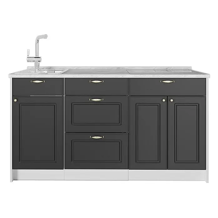 Vicco Küchenleerblock - Breite: 150 cm, Anthrazit-Gold Landhaus - Dunkelgrauer Küchenunterschrank mit weißer Marmoroptik-Arbeitsplatte, Spüle, Chromarmatur, Kochfeld und goldfarbenen Griffen.