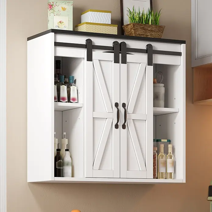 SONNENH Hängeschrank - B x T x H: 80 x 31 x 76 cm, Weiß/Schwarz - Weißer Küchenwandschrank mit schwarzen Schiebetüren im Scheunentor-Stil und Regalen, zur Aufbewahrung von Flaschen und Dekoartikeln.