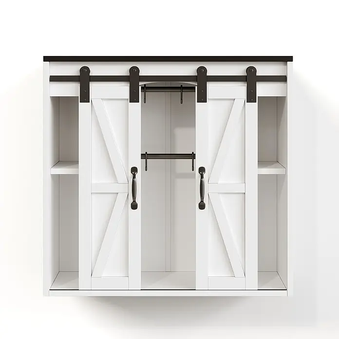 SONNENH Hängeschrank - B x T x H: 80 x 31 x 76 cm, Weiß/Schwarz - Weißer Wandschrank mit schwarzer Platte und zwei Schiebetüren im Scheunentor-Stil mit X-Streben, schwarzen Beschlägen, Innenregalen und Haken.