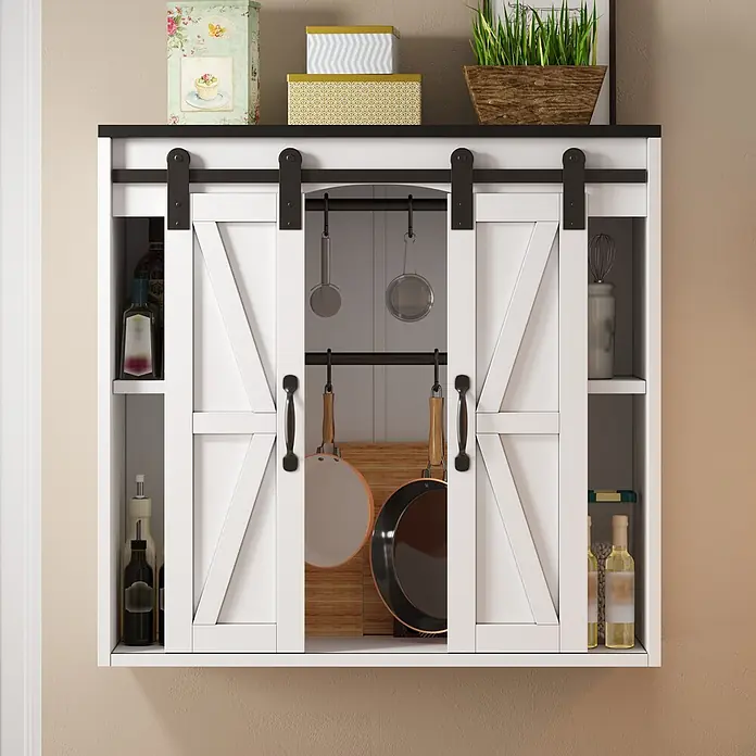 SONNENH Hängeschrank - B x T x H: 80 x 31 x 76 cm, Weiß/Schwarz - Weißer Wandschrank mit schwarzen Schiebetüren im Scheunentor-Stil und schwarzer Platte, zur Aufbewahrung.