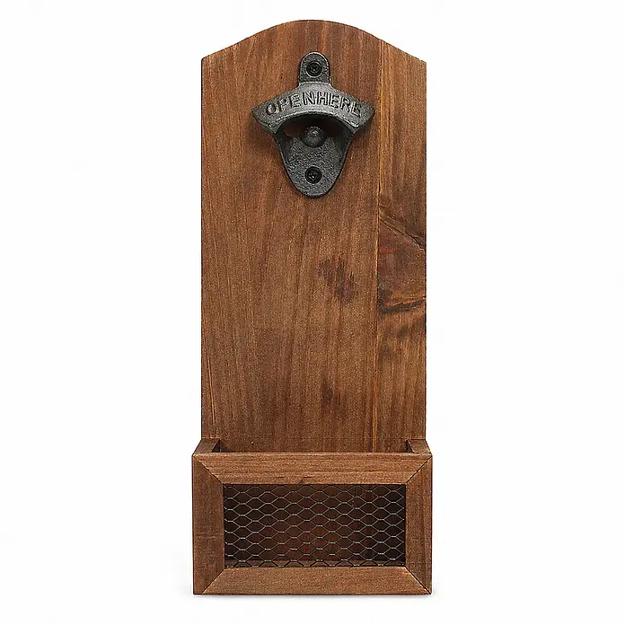 SONNENH Flaschenöffner - Holz - Wandmontierter dunkler Holz-Flaschenöffner mit gusseisernem "OPENHERE"-Öffner und Drahtgitter-Kronkorkenauffangbehälter.