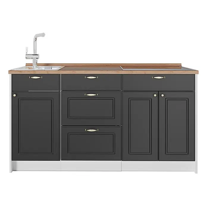 Vicco Küchenleerblock - Breite: 150 cm, Anthrazit-Gold Landhaus - Dunkelgraue Küchenunterschrankkombination mit Holzoptik-Arbeitsplatte, Spüle, Armatur, Kochfeld und Stauraum.
