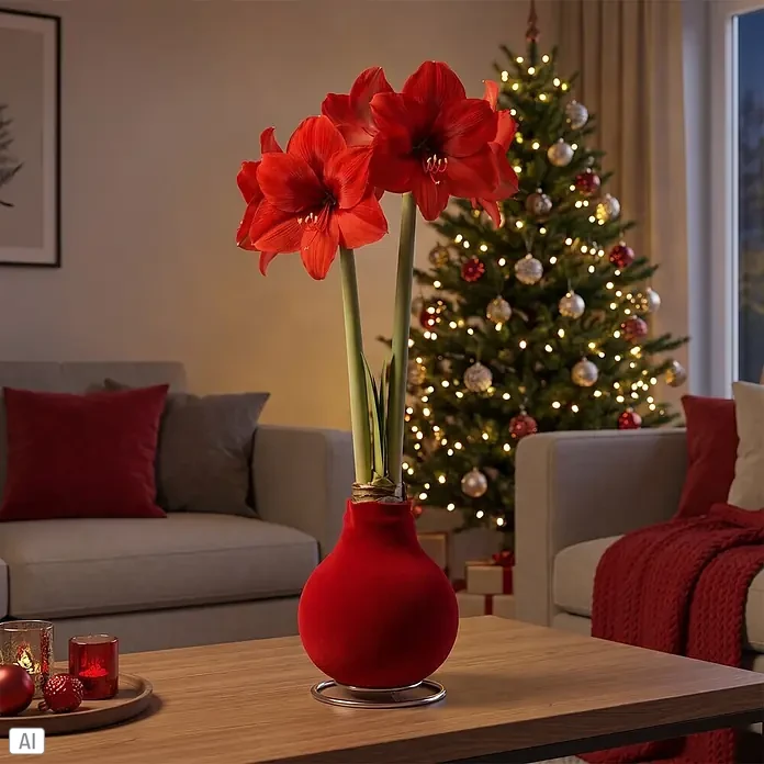 Piardino Amaryllis No Water Flowers Velvet Touchz® - Hippeastrum, Farbe Arrangement: Rot, Blütenfarbe: Rot - Rote Amaryllisblüten in einem rot-samtigen Topf auf einem Holztisch in einem festlichen Wohnzimmer.