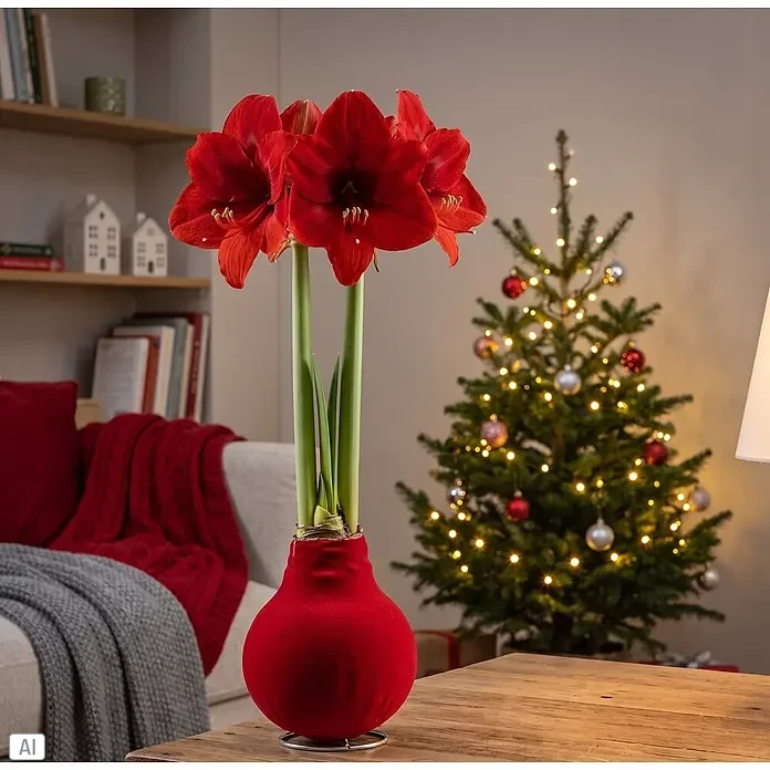 Piardino Amaryllis No Water Flowers Velvet Touchz® - Hippeastrum, Farbe Arrangement: Rot, Blütenfarbe: Rot - Rote Amaryllis mit grünen Stielen in einem runden, roten Samttopf auf einem Holztisch in einem festlichen Raum mit Weihnachtsbaum.
