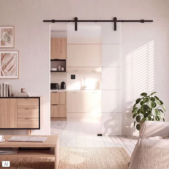 Diamond Doors Schiebetürbeschlag Galaxy Premium Black - Schwarz, Art Beschlag: Offen, 2.000 mm, Passend für: Diamond Doors vorgebohrte Glas-/Holzschiebetüren - Mattierte Glasschiebetür mit schwarzer Laufschiene, trennt Wohnzimmer von Küche.