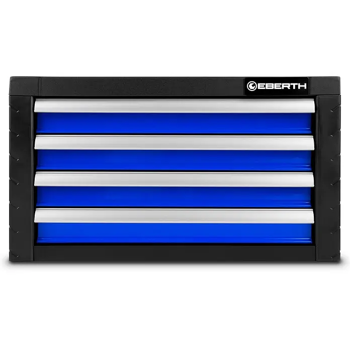 EBERTH Werkzeugkoffer Werkzeugkiste 135-tlg., 4 Schubladen, Stahl, abschließbar, blau - 134 -tlg. - Schwarzer EBERTH Werkzeugkasten mit vier blauen Schubladen und silbernen Griffen.