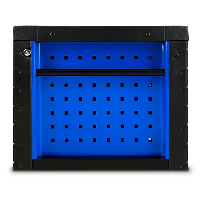 EBERTH Werkzeugkoffer Werkzeugkiste 135-tlg., 4 Schubladen, Stahl, abschließbar, blau - 134 -tlg. - Blauer Lochplatten-Schrank mit schwarzem Rahmen, quadratischen Löchern und integriertem Schloss. Enthält eine horizontale Stange.