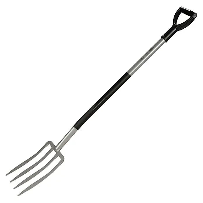 Gardol Ergoline Spatengabel - Arbeitsbreite: 28 cm, Anzahl Zinken: 4, Kurzstiel - Nahaufnahme einer Mistgabel mit D-Griff, ideal für Gartenarbeiten und Landwirtschaft.