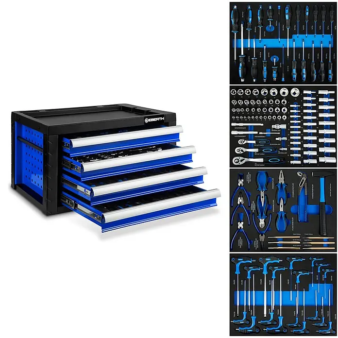 EBERTH Werkzeugkoffer Werkzeugkiste 135-tlg., 4 Schubladen, Stahl, abschließbar, blau - 134 -tlg. - Blauer und schwarzer Werkzeugkasten mit geöffneten Schubladen, der eine Vielzahl organisierter Handwerkzeuge wie Schraubendreher, Steckschlüssel, Zangen und Inbusschlüssel zeigt.