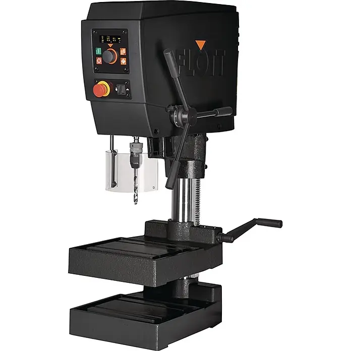 Flott Bohrmaschine TB 18 Plus - 750 W - Schwarze Industrie-Säulenbohrmaschine mit digitaler Steuerung, Schutzvorrichtung und verstellbarem Arbeitstisch.