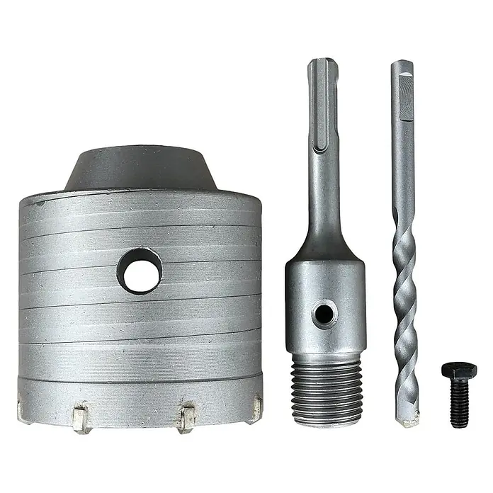 ALLEGRA Bohrkrone 68 mm - 1 Stk., Durchmesser Bohrer: 68 mm - Graues Metall Kernbohrer-Set: große Kernbohrkrone, SDS-plus Adapter, Zentrierbohrer und Befestigungsschraube für Beton oder Mauerwerk.