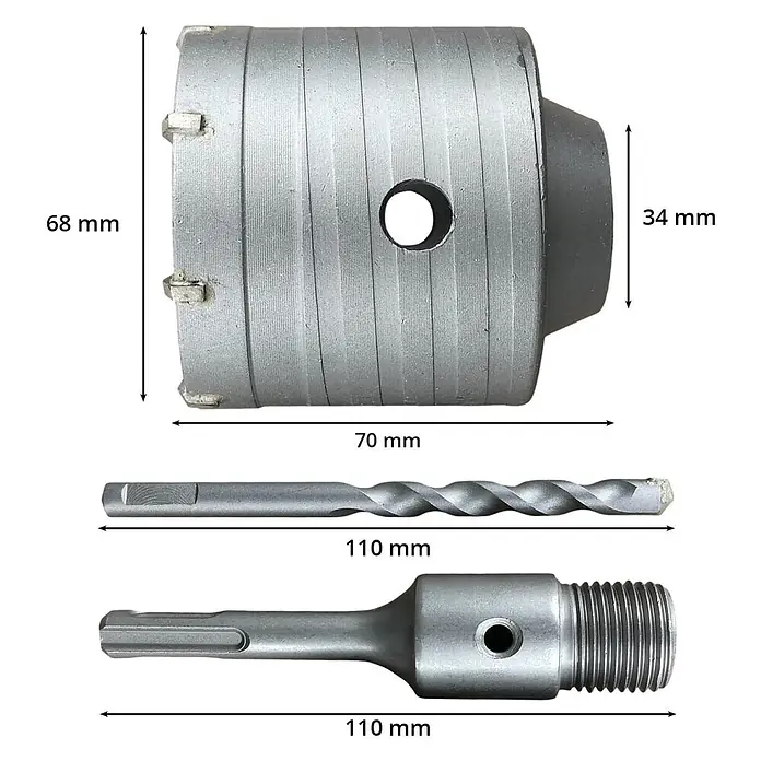 ALLEGRA Bohrkrone 68 mm - 1 Stk., Durchmesser Bohrer: 68 mm - Silbergraues Metall-Kernbohrer-Set mit 68mm Kernbohrer, Zentrierbohrer und SDS Plus Adapter für harte Materialien.