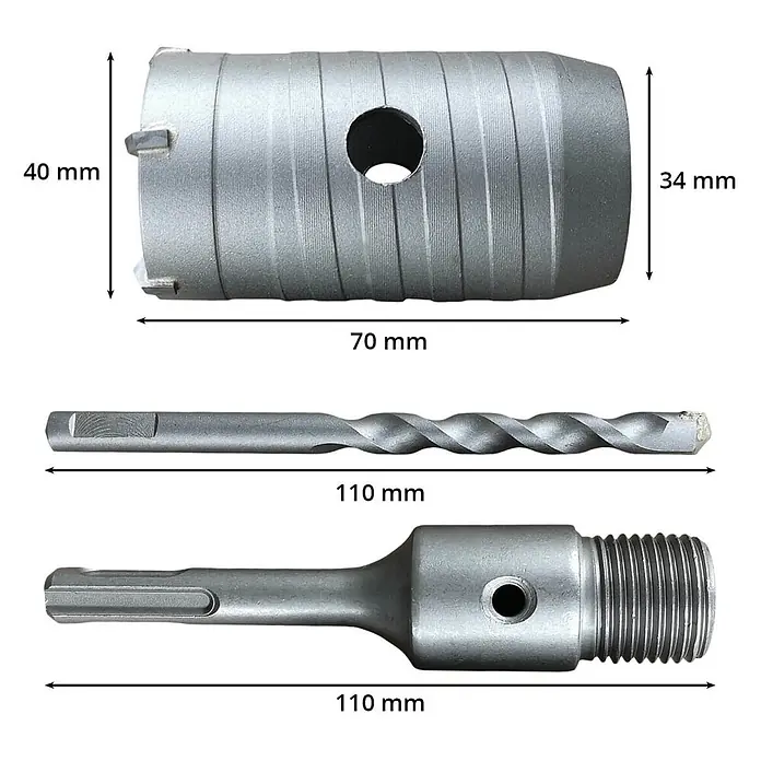 ALLEGRA Bohrkrone 40 mm - 1 Stk., Durchmesser Bohrer: 40 mm - Graues Metall SDS Kernbohrer-Set mit Kernbohrer, Zentrierbohrer und Schaftadapter, Maße angegeben.