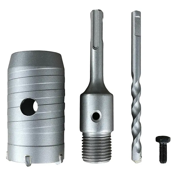 ALLEGRA Bohrkrone 40 mm - 1 Stk., Durchmesser Bohrer: 40 mm - Silbernes SDS-Plus Kernbohrer-Set mit Lochsäge, Adapter, Zentrierbohrer und Schraube für Mauerwerk.