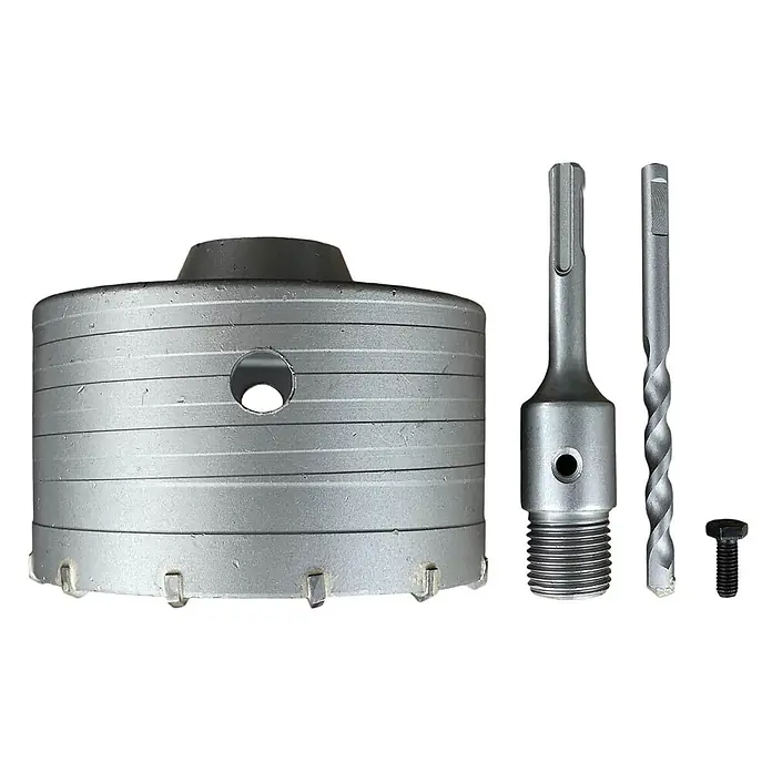 ALLEGRA Bohrkrone 100 mm - 1 Stk., Durchmesser Bohrer: 100 mm - Silbernes Kernbohrer-Set für Mauerwerk mit großem Kernbohrer, SDS-Adapter, Pilotbohrer und Schraube.