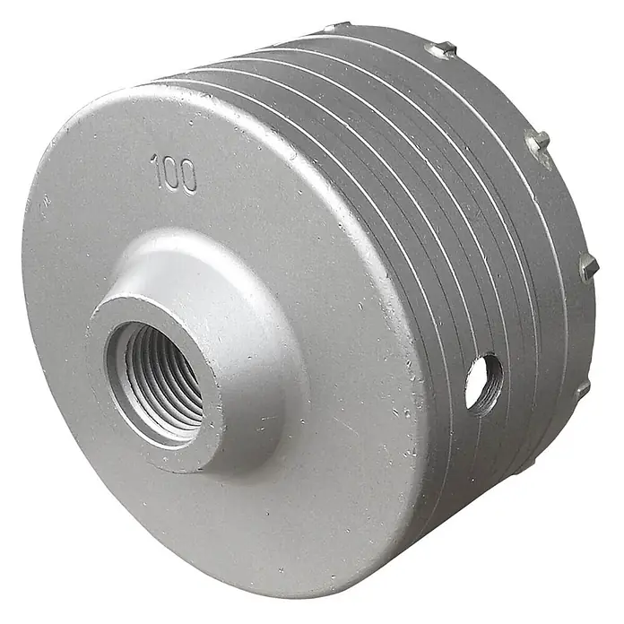 ALLEGRA Bohrkrone 100 mm - 1 Stk., Durchmesser Bohrer: 100 mm - Silber-grauer Kernbohrer aus Metall, markiert "100", mit Gewindebasis und Schneidzähnen für große Löcher.