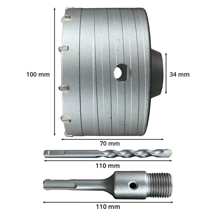 ALLEGRA Bohrkrone 100 mm - 1 Stk., Durchmesser Bohrer: 100 mm - Silber-graues Metall-Kernbohrer-Set für Bohrhämmer, mit 70mm Kernbohrer, Zentrierbohrer und SDS-Plus Adapter.