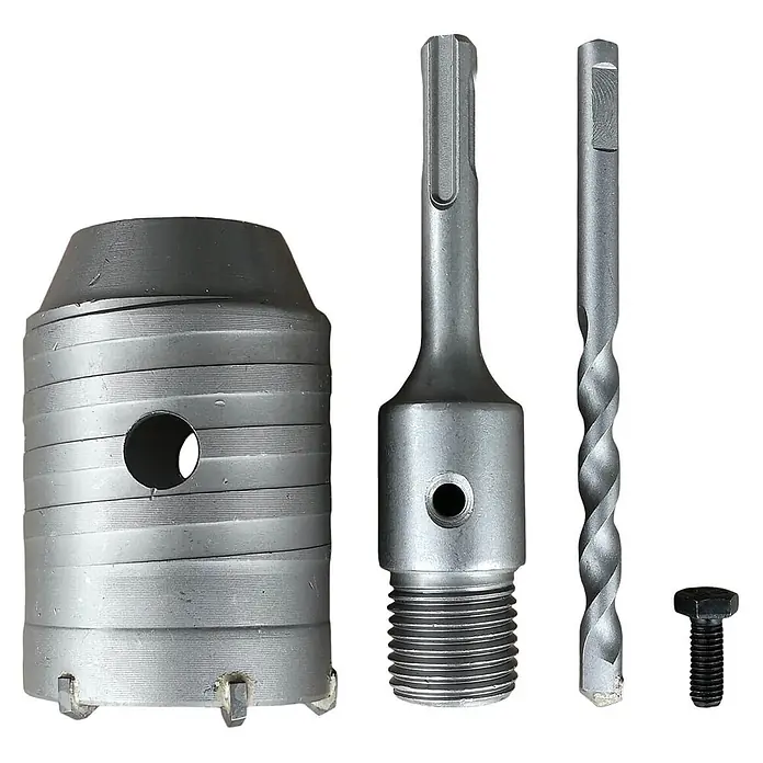 ALLEGRA Bohrkrone 50 mm - 1 Stk., Durchmesser Bohrer: 50 mm - Graues Kernbohrerset: großer Kernbohrer, SDS-plus-Adapter, Zentrierbohrer und Befestigungsschraube.